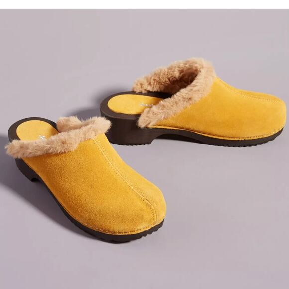 Anthropologie x Charles David 7 Shearling Clogs Suede Fur Slip On Shoes Yellow - Picture 2 of 9